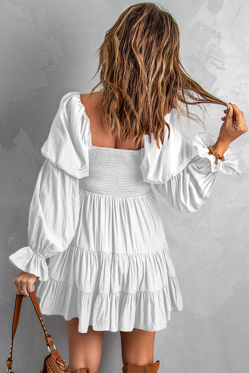 Boho Solid Shirred Ruffle Mini Dress